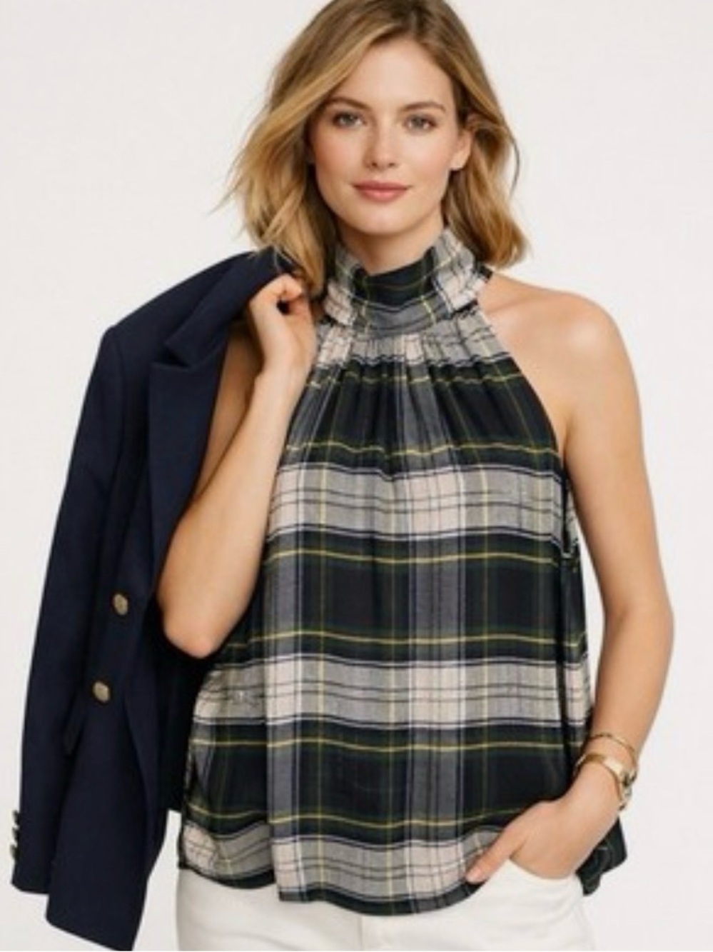 J. Crew Plaid Halter Top - Black, Green & Yellow